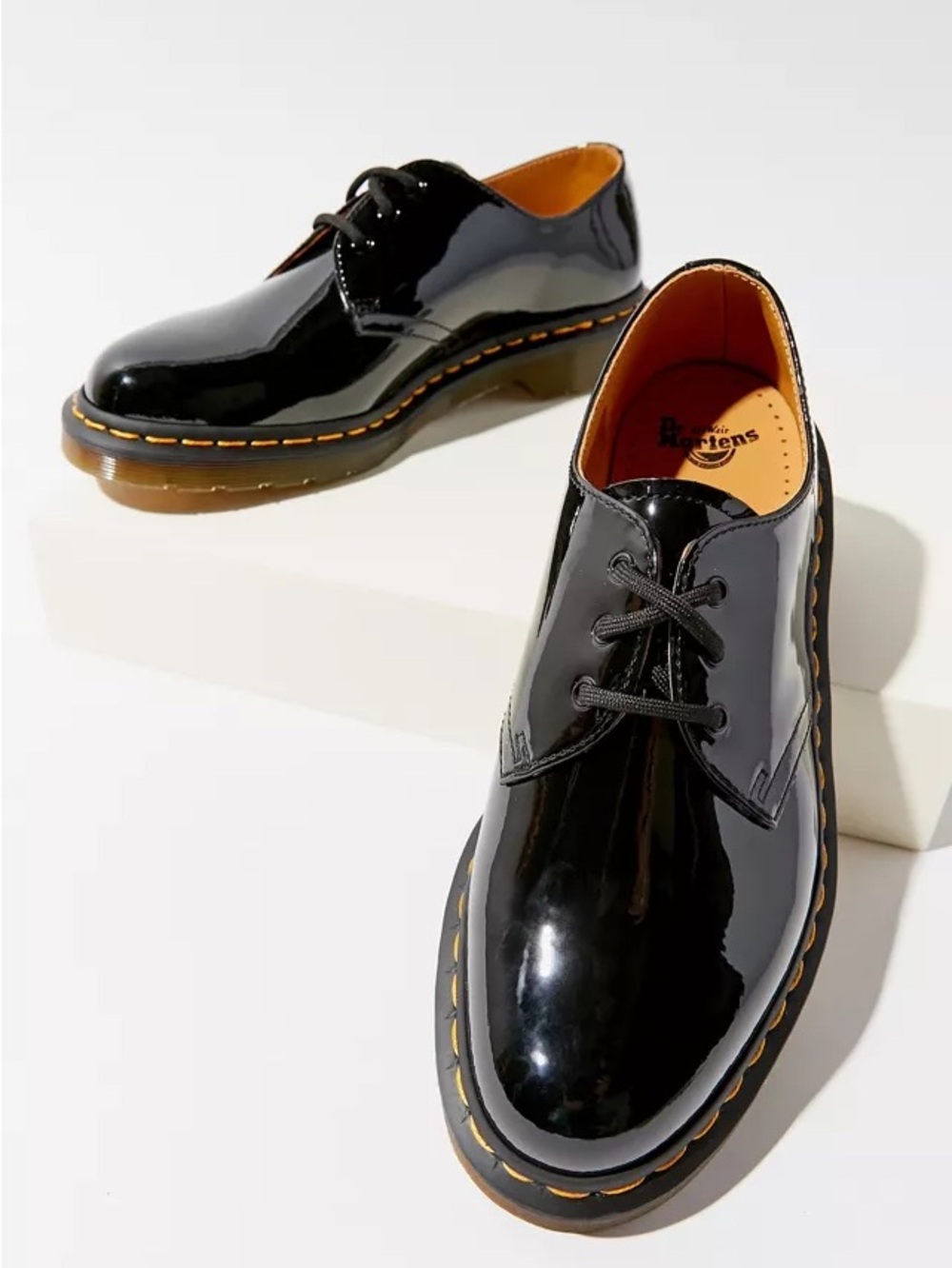 Dr. Martens Black Patent Leather 3-Eye Oxford with Yellow Stitching